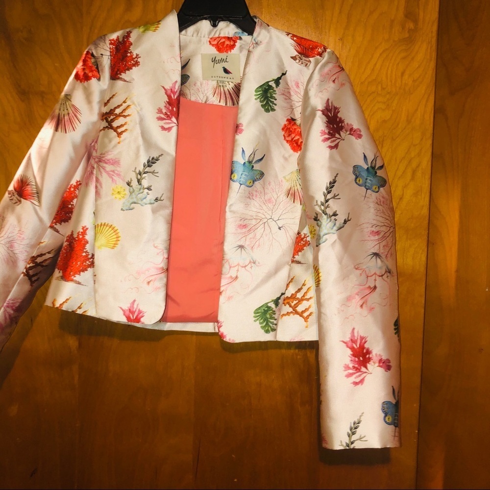 𝅺Yumi kim Coral Reef Print Satin blazer jacket L 10